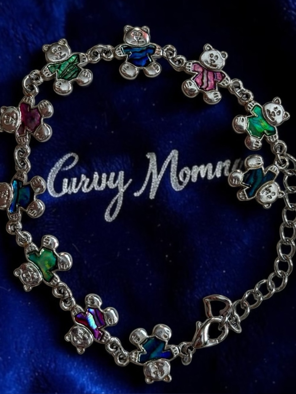 Silver-tone abalone shell teddy bear link bracelet